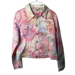 MB Womens Medium Rainbow‎ Tie-Dye Denim Trucker Jacket Colorful Gradient Casual
